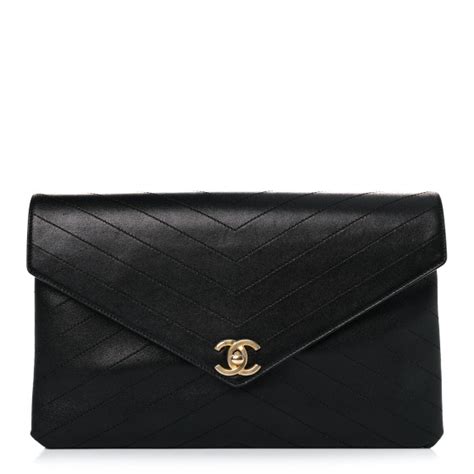 CHANEL Lambskin Chevron Quilted Envelope Clutch Black 